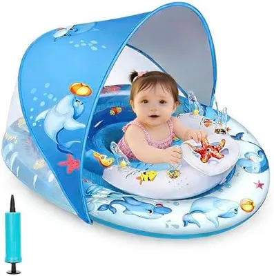 Produktbild von Extra großer Baby-Pool-Schwimmer mit UPF50+ Baldachin, Anti-Rutsch-Doppel-Luftkammern, verstellbarer Sitz für Säuglinge, Kleinkinder, 6-36 Monate, Ozean-Spielzeug, CPC-, ASTM F963