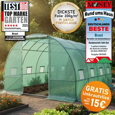 Produktbild von BRAST Gewächshaus Foliengewächshaus mit Stahlfundament | 3x4m | inkl. Erdanker Unkrautvlies & 8 Aufrollbare Fenster mit Moskitonetz | UV-stabilisierte Gitterschutzfolie 200g/m²