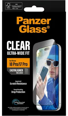 Obrázek produktu pro PanzerGlass ® Screen Protector iPhone 18 Pro | 17 Pro | Ultra-Wide Fit w. EasyAligner, Apple - iPhone 18 Pro, Apple - iPhone 17 Pro, Aplikace nasucho, Odolné proti poškrábání, Odolný proti nárazům, Průhledná, 1 kusů