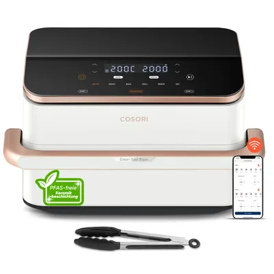 Produktbild von COSORI Dual Blaze TwinFry Heißluftfritteuse CAF-TF101-WEUR 10 L 2800 W, Keramikbeschichtung, bis 240 °C, mit Trennwand & 2 Knusper-Platten, weiß