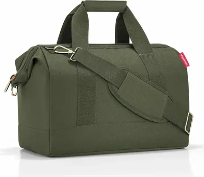 A studio shot of a green duffel bag.