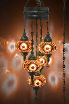 Produktbild von 5-globige türkische Hängelampe mit orientalischem Kronenlicht aus mehrfarbigem Mosaikglas, handgefertigt