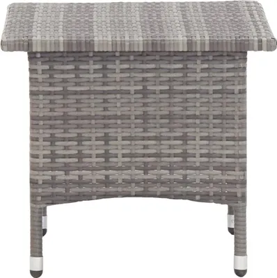 A close-up, front-facing view of a gray poly rattan side table against a white background.