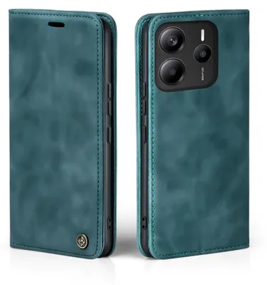 A teal flip case for a smartphone is shown from two angles, open and closed.