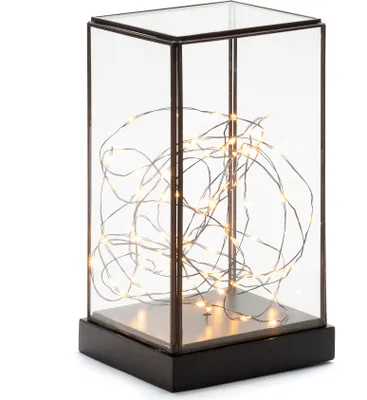 Produktbild von Konstsmide Weihnachtsdekoration LED Glaslaterne, 80 bernsteinfarbene Dioden, rechteckig, schwarzer Sockel, batteriebetrieben, Timer, Innenbereich