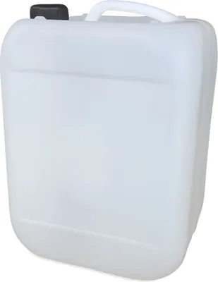 A white plastic jerrycan with a black cap and a white handle is shown against a white background.