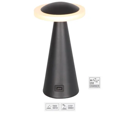 Image de Lampe de table LED TAPER 7W, 3000-3300K, noir, Ø : 12  H : 32 cm, avec chargeur USB, intensité variable, interrupteur tactile