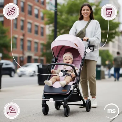 Produktbild von Moby-System LENA PINK PRO Buggy mit Kofferfunktion – Leicht 6,7 kg, Einhand-Faltsystem, EVA-Räder mit Federung, bis 22 kg, 6–48 Monate