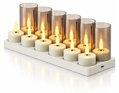 Zdjęcie produktu dla Ładowalne świeczki LED w kształcie świeczek tealight z pilotem, timerem i stacją ładowania - zestaw 12 sztuk