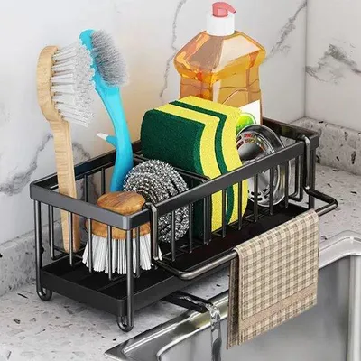 Produktbild von Keuken-Spoelbak-Organizer mit Entfernbarem Geschirrtuchhalter, Metall-Spoelbak-Rek mit Automatischer Abwasserbucht (Schwarz)