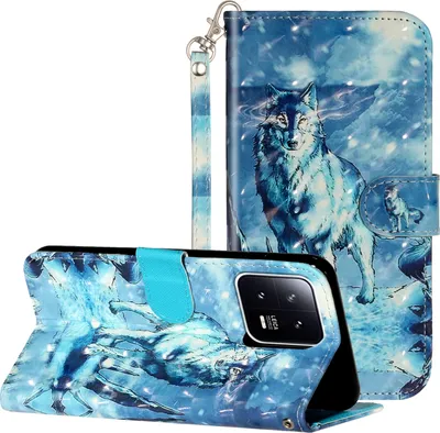 A phone case with a wolf design is shown in a folded position and open.