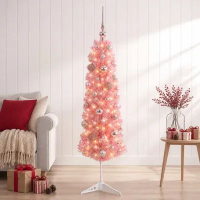 Obrázok produktu pre Umelo vyzerajúci vianočný stromček, úzky, s guľami, výška 150 cm, 150 LED svetiel
