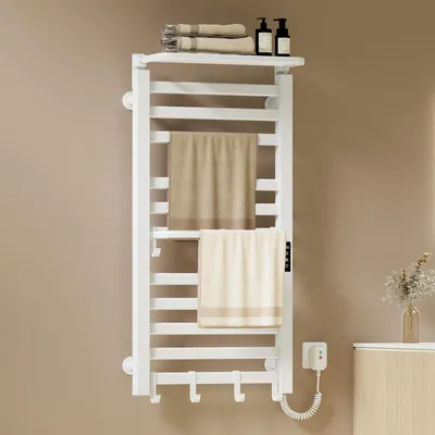 Zdjęcie produktu dla EMKE Grzejnik łazienkowy elektryczny 1000x500 mm, 280W, dwurzędowy, płaskie rurki, półka i haki, WiFi Tuya Alexa, biały połysk