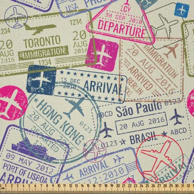 Produktbild von ABAKUHAUS Reise Microfaser Stoff als Meterware , Visastempel Illustration von Toronto Hong Kong Berlin Lisboa Sao Paolo, 10 M (230 x 1000 cm), Eischale und Rosa