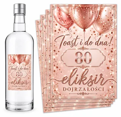 Obrázok produktu pre Etikety na fľaše – k 80. narodeninám – „Eliksir Dojrzałości” – ružová – 8 ks