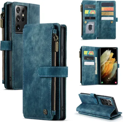 Image de Galaxy S21 Ultra 5G Case, étui en cuirPolyuréthaneavec fermeture à glissière, fermeture magnétique, pochette pour cartes, support, portefeuille, étui de protection pour Samsung Galaxy S21 Ultra 5G Bleu