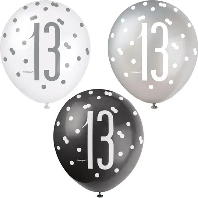 Produktbild von 6 Luftballons schwarz & silber Zahl 13
