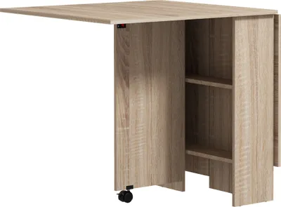 Produktbild von HOMCOM Klappbarer Esstisch, Holztisch mit 2 Klappen, 2 Ablagen und Rollen für die Küche, 75 x 140 x 74 cm, Natur