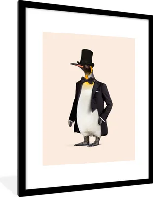 Produktbild von MuchoWow® Gerahmtes Poster Pinguin - Tier - Hut - Schwarz 60x80 cm - Poster mit Schwarzem Bilderrahmen Wandposter Rahmen Foto Bilder - Wohnzimmer - Dekorationen - Prämie