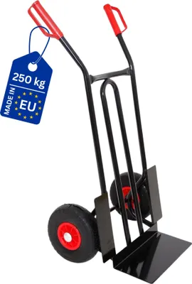 Produktbild von Stahlrohr-Sackkarre RHINO mit XL Schaufel, gebogenen Streben & pannensichere PolyurethanBereifung | Traglast 250kg | HxBxT 104x60x50cm | Schwarz | Transportkarre Staplerkarre