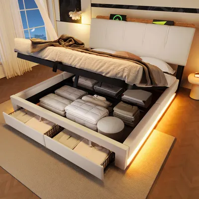Produktbild von okwish Polsterbett 140x200 Doppelbett mit LED-Beleuchtung(Drucktaste und Appdienung) Jugendbett Funktionsbett mit USB Typ-C Ladefunktion Stauraumbett mit Schubladen Beige(ohne Matratze)
