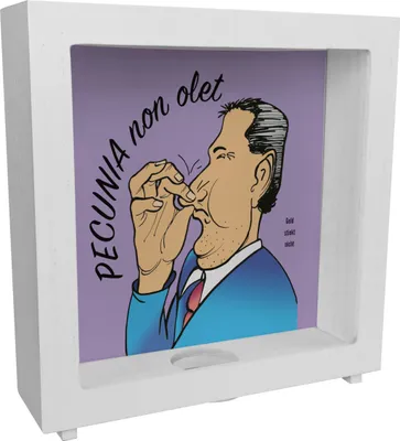 Produktbild von Pecunia non olet Rahmen Spardose aus Holz in Lila zum Thema Geld