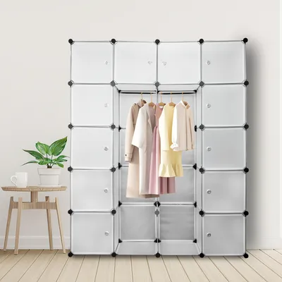 Produktbild von Clanmacy Kleiderschrank DIY Regalsystem 20 Boxen Mit Tür&2 Kleiderstange Steckregalsystem Weiß Garderoben H.180cm nicht Aufdruck