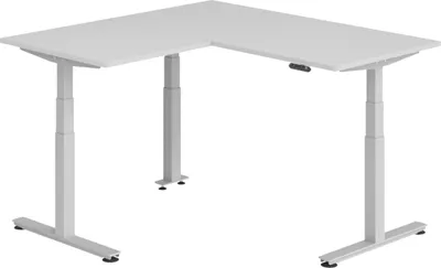 Produktbild von bümö Eckschreibtisch elektrisch höhenverstellbar L-Form - Gestell: Silber, Nachbildung: Grau, Größe: Eckschreibtisch 160 x 160 cm