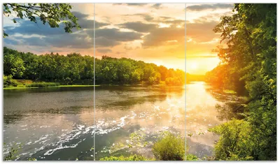 Produktbild von Wallario Herdabdeckplatte aus Glas, Größe 90 x 52 cm 3-teilig, Motiv Sonnenuntergang am Fluss in grüner Umgebung