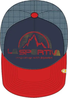Cap "LS Trucker" von La Sportiva in Blau und Rot mit Logo und Bergmotiv.