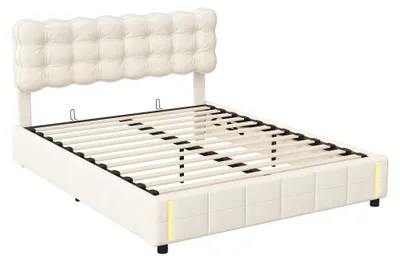 Image de Lit coffre - Lit double avec coffre intégré - Système de levage hydraulique - Dimensions 140x200 cm - Revêtement en velours - Tête de lit avec éclairage LED intégré - Couleur beige