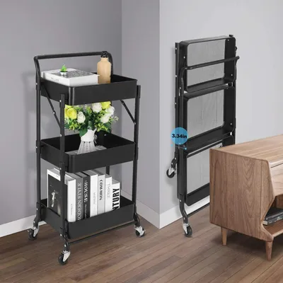 Zdjęcie produktu dla Składany wózek kuchenny Wózek do serwowania Półka Organizer - Wielofunkcyjny wózek do kuchni/łazienki/biura - Czarny.