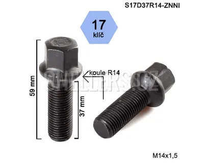 Obrázok produktu pre Skrutka kolesa M14x1,5x37 guľa R14, kľúč 17, S17D37R14F-BLACK, čierna, výška 59 mm