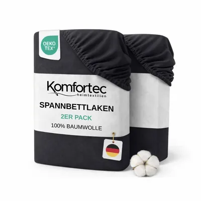 Two folded dark gray fitted sheets are shown in their packaging, with a cotton boll to the side.