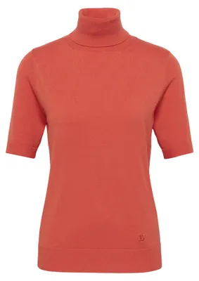 Produktbild von Orangefarbener Feinstrick Pullover mit Rollkragen und kurzen Ärmeln, figurbetont, Größe 38