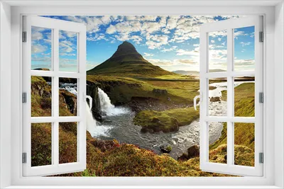 Produktbild von Wallario selbstklebendes Poster mit Fenster-Illusion - Island Panorama Fluss  Berge und blauer Himmel, Größe: 61 x 91,50 cm