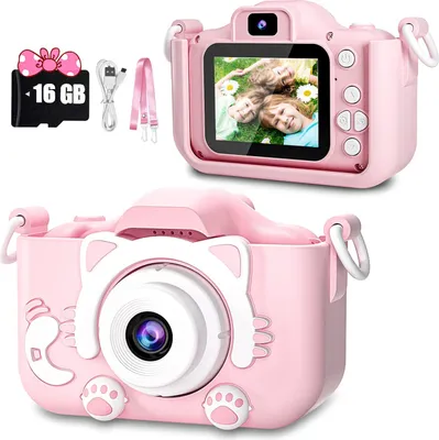 Produktbild von Kinder Kamera, 2.0”Display Digitalkamera Kinder, 1080P HD Anti-Drop Fotoapparat Kinder Spielzeug, Doppelobjektiv-Ledertasche für Fotografie und Video, Geschenke für Kinder