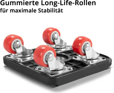 Four red casters on a black base, with German text overlay.