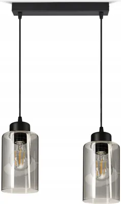 A black two-light pendant lamp with clear glass shades and visible LED bulbs, presented against a white background.