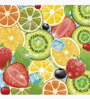 Image de 20 serviettes Fresh Fruit Mix - tranches de fruits sur des glaçons 33 x 33 cm