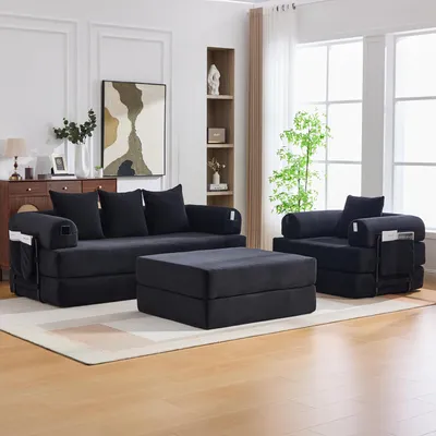 Obrázek produktu pro okwish Sedací souprava modulární sofa třímístná pohovka s taburetem a boční kapsou rozkládací pohovka dvoumístná s pohodlnými polštáři lounge pohovka s robustním kovovým rámem volně kombinovatelné černá