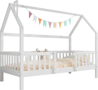 Produktbild von Hausbett 90x200cm Ohne Matratze Kinderbett Weiss Kiefernholz Schornstein Robuste Lattenroste