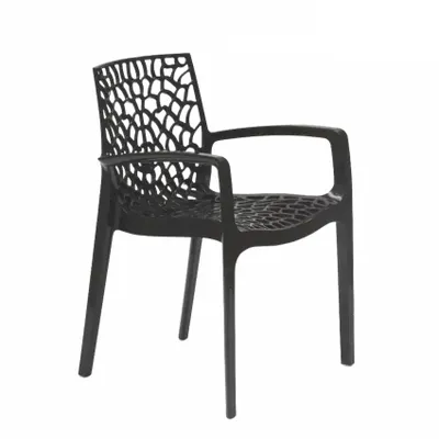 A black armchair with a decorative, web-like pattern on the backrest and seat, shown against a white background.