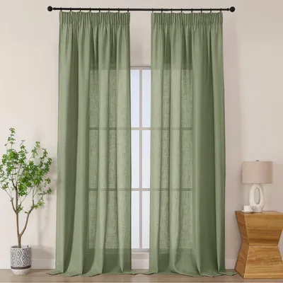 Obrázok produktu pre Polopriehľadné závesy s volánovým páskom, vzhľad ľanu, 2-dielna sada, lesná zelená, rozmer 300 x 140 cm