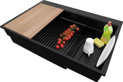Produktbild von PRIMAGRAN Spülbecken Alles Schwarz 78x53cm, Granitspüle 1 Becken + Ablauf-Set + Küchenzubehörset, Küchenspüle ab 80er Unterschrank - Oslo Max