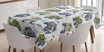 Immagine prodotto di ABAKUHAUS Tovaglia con automobili, disegnata a mano con colori ad acquerello Monster Truck Ruote enormi Stile di vita fuoristrada, 140 x 240 cm, blu lavanda giallo