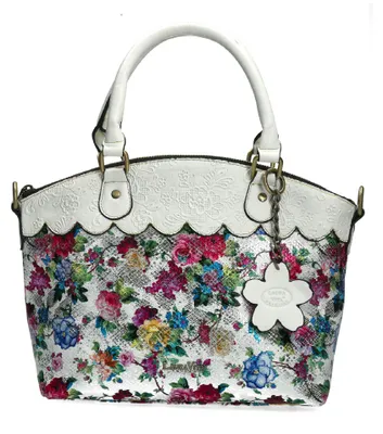 Produktbild von Laura Vita Damen Henkeltasche mit Reptil-Optik und Blumenmuster Artira 04, Farbe:Weiß