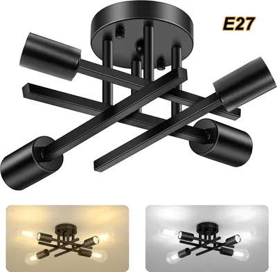 A black industrial-style ceiling light fixture with four arms, shown from a top-down perspective. Two smaller inset images show the light fixture installed in different settings, one with warm lighting and the other with cool lighting.