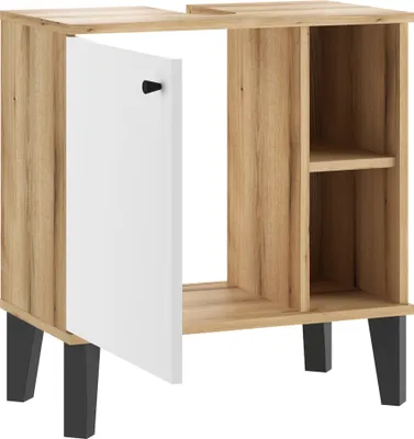 Produktbild von Badezimmer-Waschbeckenunterschrank 60 cm breit in Eiche mit weiß, 1 Tür, 2 offene Fächer OLEAN-61