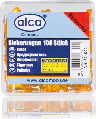 Produktbild von alca® Mini-Sicherungen 5A 100 Stk. Economy Box, 32V, orange Flachsicherung im 100er-Bundle für Auto, Wohnwagen, Camper, Moped & Motorrad